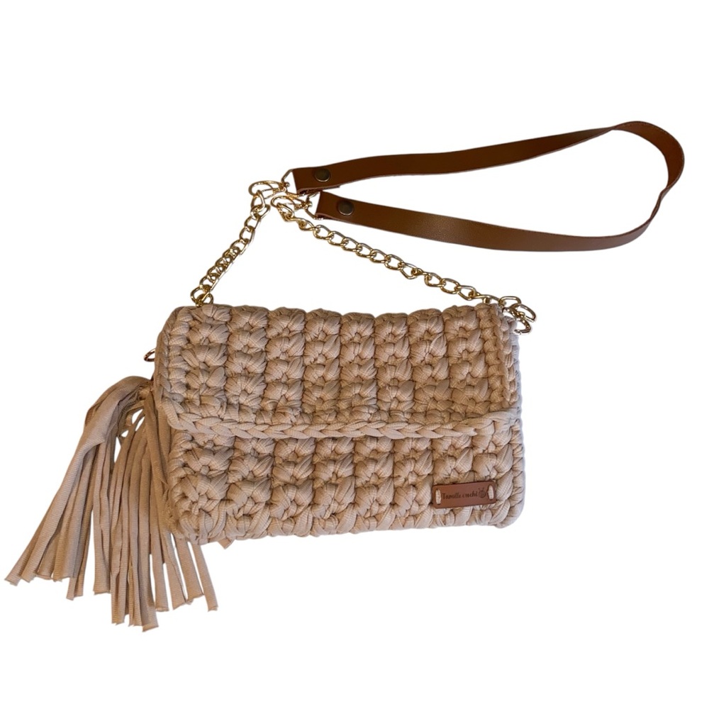 Tamille Crochet Bag Womens Purse Woven Gold Chain Leather Shoulder Strap Beige